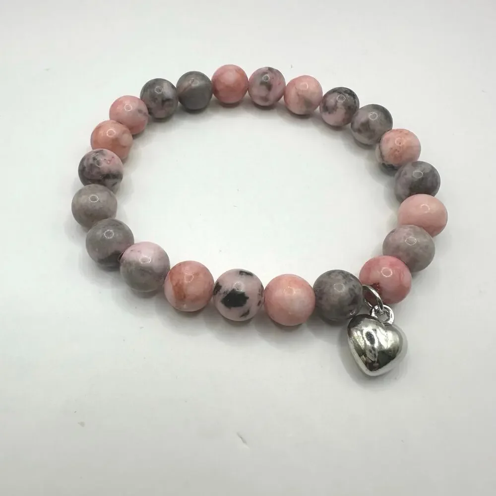 Unbranded Pink Gray Round Bead Ball Stretch Bracelet Silver tone Heart Charm